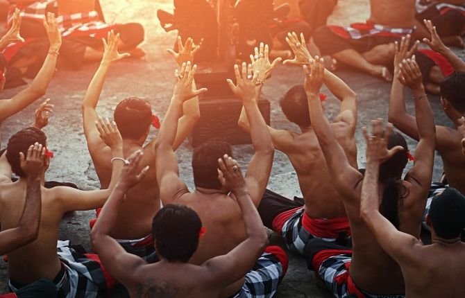 Traditional Kecak dancers performing at Uluwatu Temple in Bali